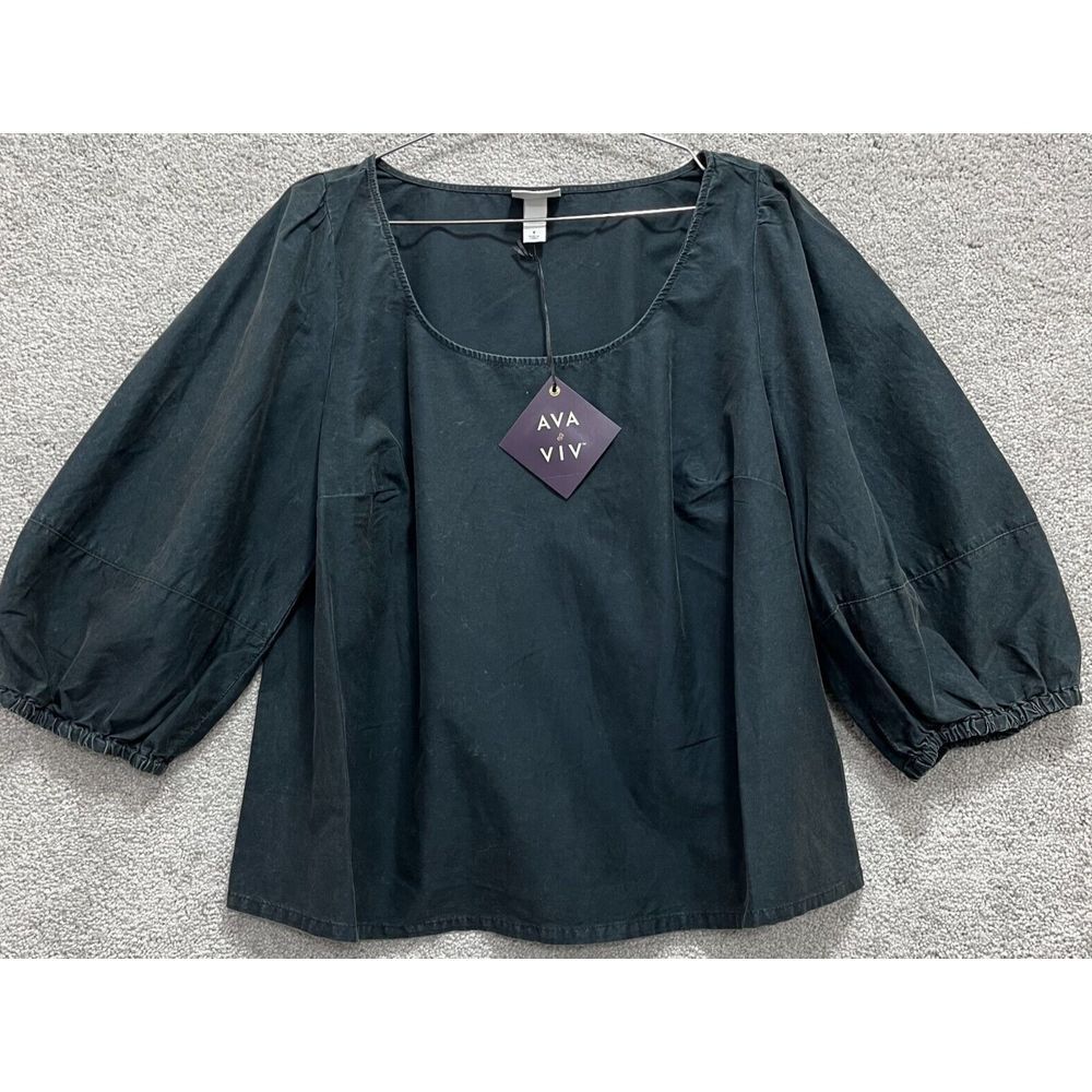 Ava & Viv Blouse Women's Plus 1X 3/4 Balloon Sleeve Black Washed Fabric Chambray